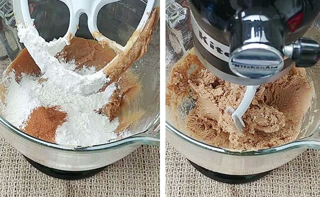 Blending flour, baking soda, and cinnamon into cookie dough